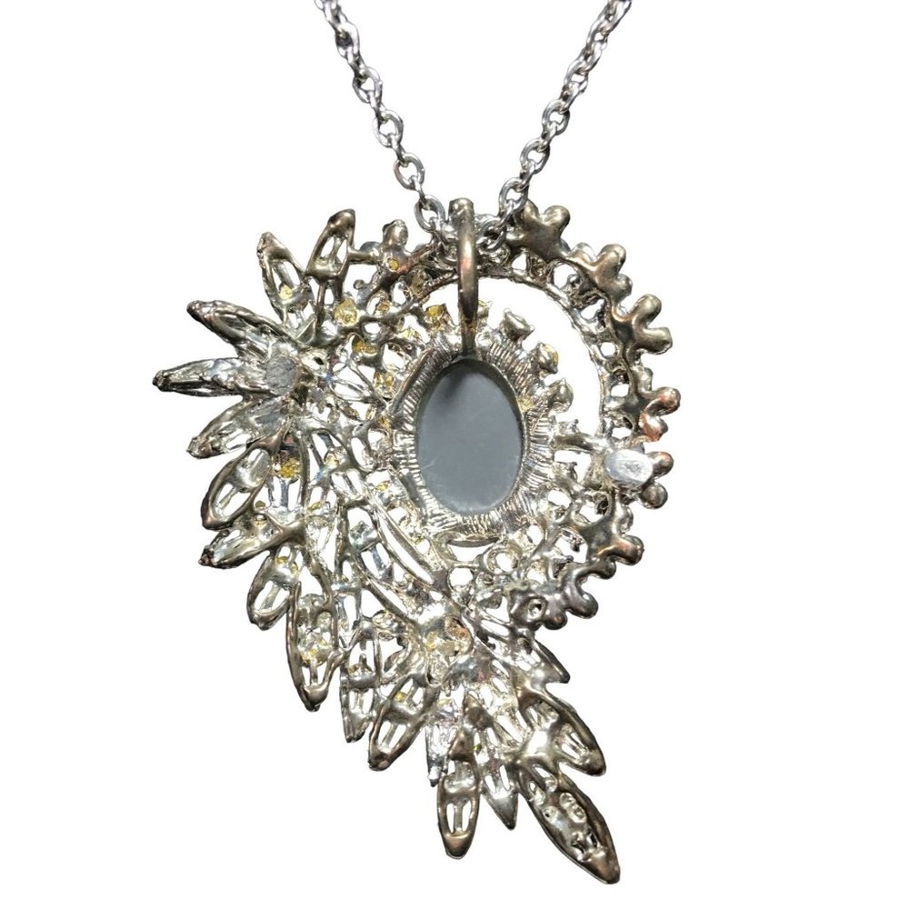 Vintage Large Clear Rhinestone Floral Layered Pendant Necklace Silver Tone 4” - Picture 5 of 6